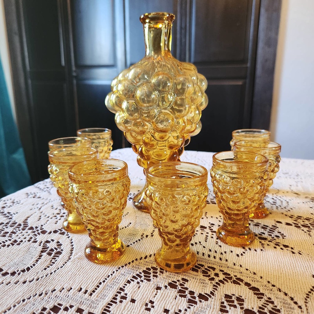 Chianti Raspollini Bubble Glass Decanter w 8 Glasses, Amber